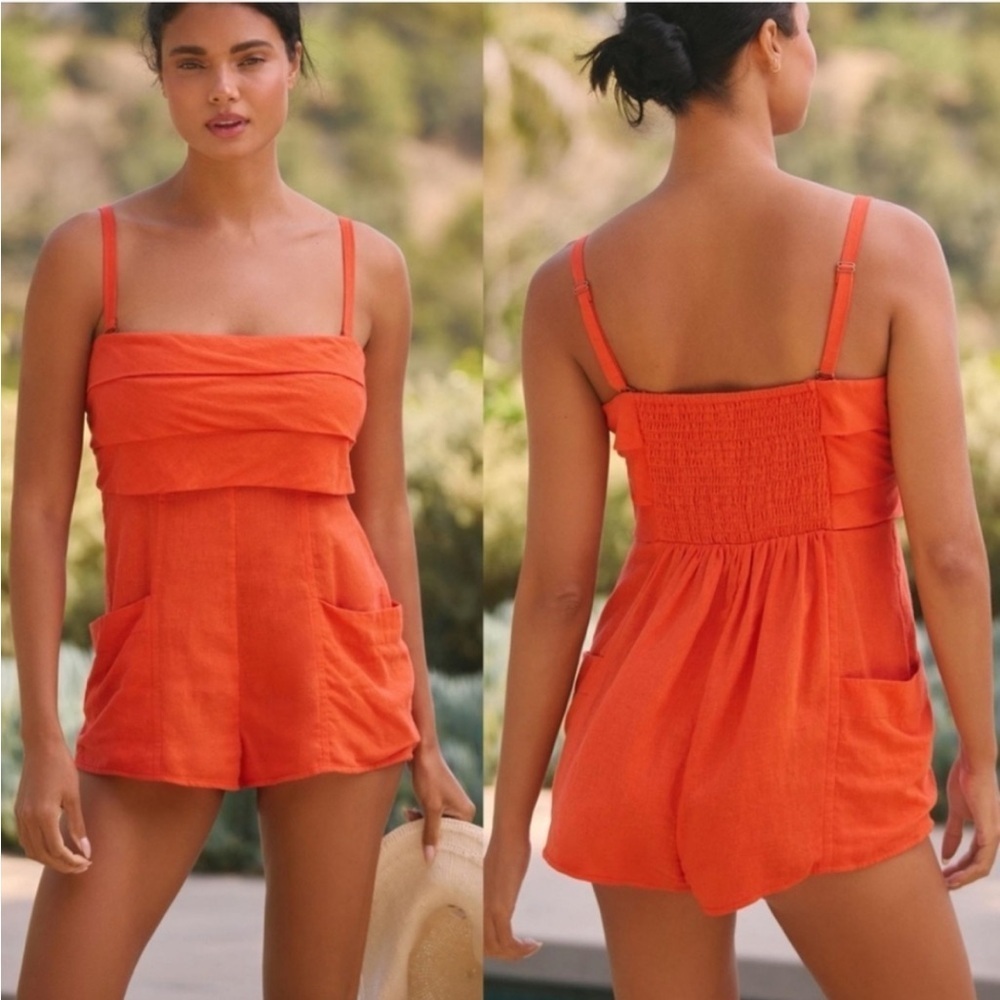 Anthropologie Linen Romper Red Orange Size XL